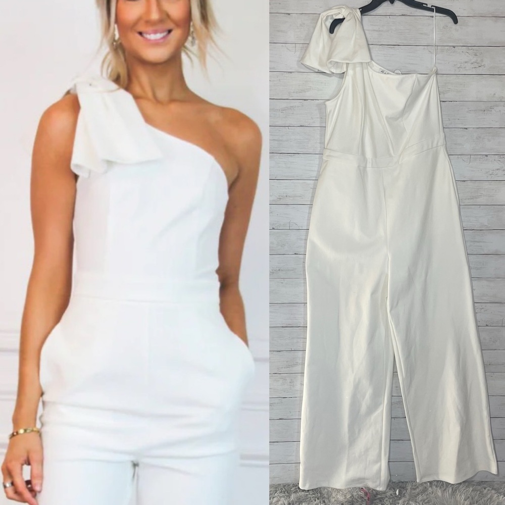 Bella & Bloom Boutique White One Shoulder Bow Wide Leg Jumpsuit Plus Size